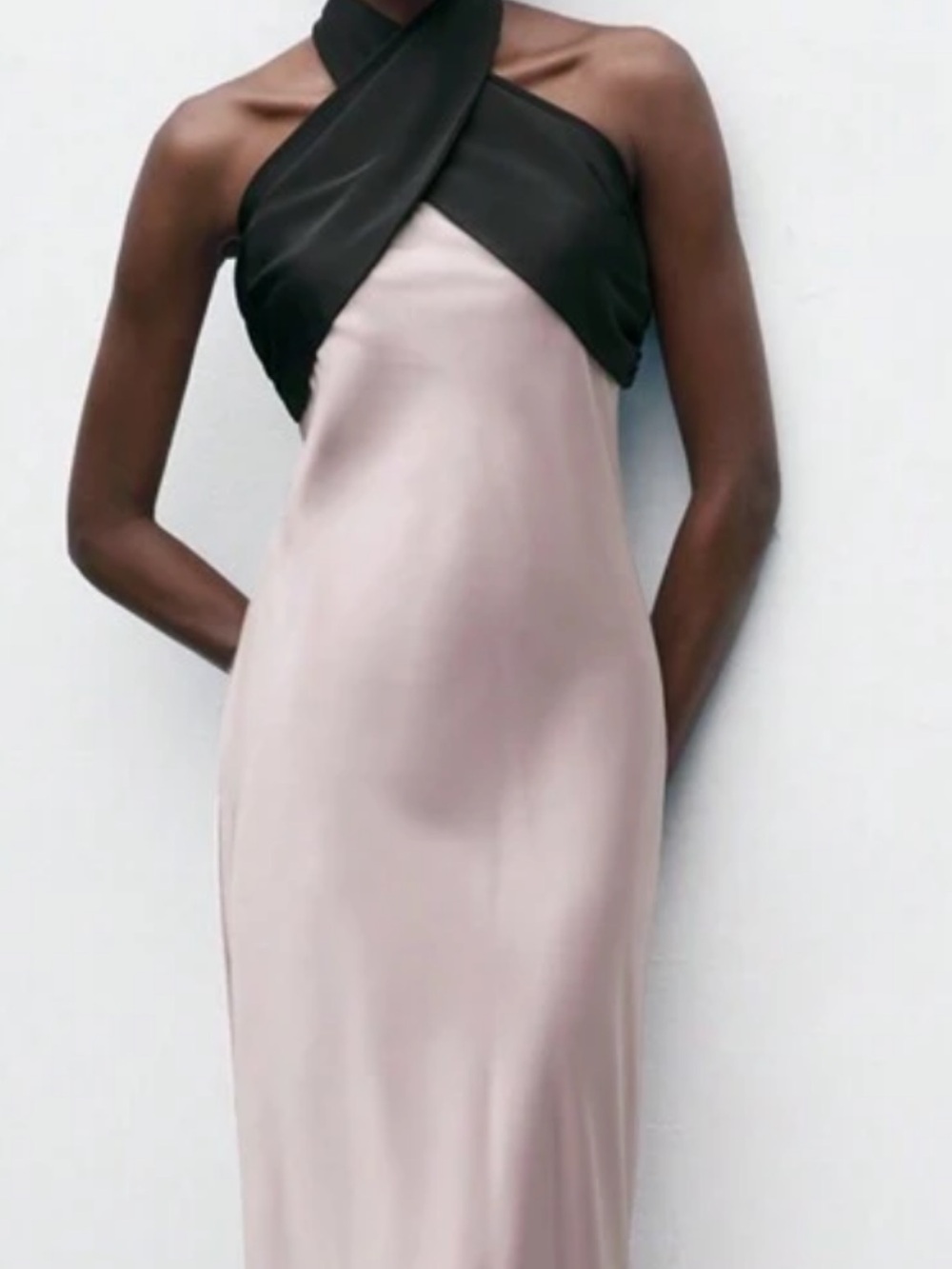 Satin Two-Tone Slip Dress in Blush and Black NWOT